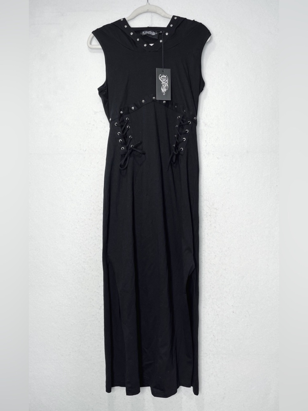 Vixxsin Black Cora Hooded Lace Up Goth Studded Sleeveless Midi Dress Dark Punk - Picture 7 of 14